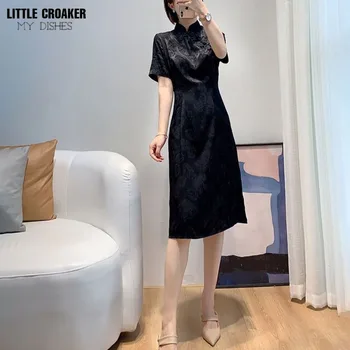 Izboljšano Cheongsam Obleko Kratkimi Poletje Madarin Ovratnik Etnične Kitajska Obleka Black Cicpao Obleko za Ženske - Slike 1  