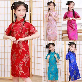 Otroci Dekleta Satenasto Obleko Cheongsams Hanfu Tesen Phoenix Tiskanja Obleko Kitajske Tradicionalne Kostume Princesa Dekleta Obleko Cheongsams - Slike 1  