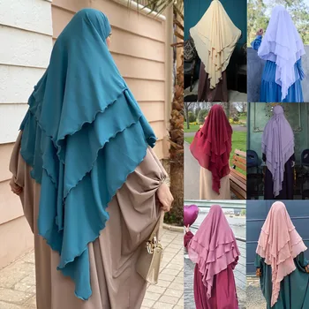 Dolgo Khimar Ramdan Eid Muslimanskih Dolgo Hidžab Headcarf Ženske 3 Plasti Haljo Jubha Islamska Oblačila Hijabs Musulman Molitev Oblačilo - Slike 1  