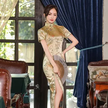 Elegantna Dama brocade Saten Qipao Seksi Slim Split Dolgo Cheongsam Tradicionalni Kitajski Večer Stranka Obleko Plus Velikost 4XL Vestidos - Slike 1  