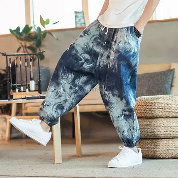 2023 poletje kitajski izboljšano modni slog tiskani bombaž konoplja niner moških priložnostne haren hlače moški dnevno retro kitajski hlače w38 - Slike 1  