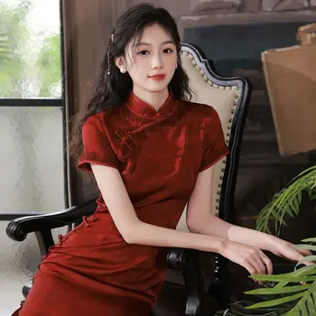 Vino Rdeče Qipao Cheongsam 2023 Kitajska Obleka Ženske Klasičnih Mandarin Ovratnik Poročni Večer Stranka Obleke Mlada Dekleta Dolgo Obleko - Slike 1  