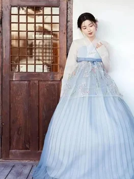 Novo Modro Hanbok Za Ženske Korejski Tradicionalni Noši Manjšinskih Palace Uspešnosti Sodišče Obleke Cvet Poroko Pogodbenica Dance Obleko - Slike 1  