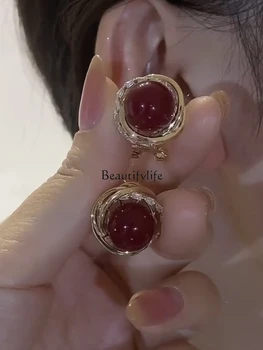 Rdeči Fižol Uhani Retro Hong Kong Slog Visoko-Kakovostni Razred Elegantno Rdeče Uho Sponke Modna Srebrno Iglo Vroče Uhani - Slike 1  