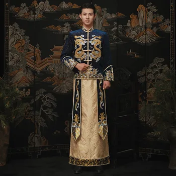 Modra Xiuhe Kitajski triditional rdeče dolge rokave Ženina Nositi Moške Zmaj Phoenix Obleke Resast Vrh Tang Obleko Poročno Obleko - Slike 1  