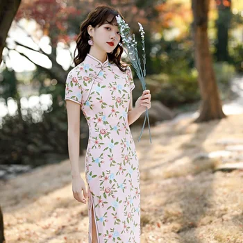 2021 Poletje Kitajske Tradicionalne Elegantne Ženske Priložnostne Rose Tiskanja Cheongsam Madeže Slim Retro Temperament Girly Strel Midi Obleko - Slike 1  