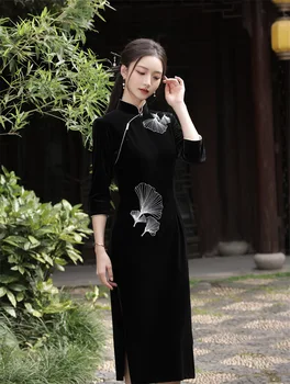 Black Letnik Žamet Vestidos Izboljšanim Kitajski Cheongsam Qipao 2023 Jeseni, Pozimi Elegantno Temperament Tradicionalno Obleko - Slike 1  