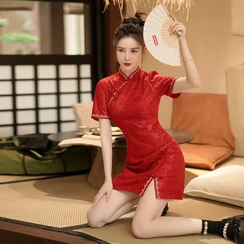 Novo Leto Čipke Izboljšano Mlade Kratek Cheongsam Tradicionalni Kitajski Slog Retro Rdeča Praznično Qipao Obleko Oblačila - Slike 1  