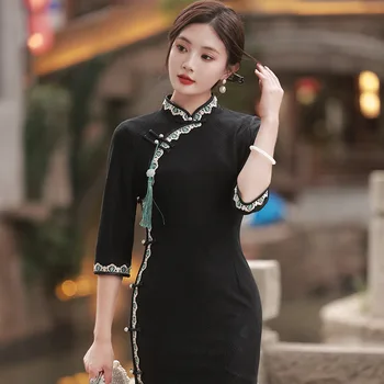 Yourqipao Jeseni Čipke Retro Črno Marelice Cheongsam Eleganten Modni Qipao Tradicionalna Kitajska Obleka, Večerna Obleka za Ženske - Slike 1  
