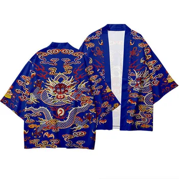 Nov Prihod Japonski Slog Zmaj Tiskanja Tradicionalnih Kimono Moških Yukata Jopico Srajce Cosplay Haori Prevelik Ulične Vrhovi - Slike 1  