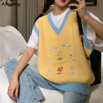 Pulover Priložnostne Majice Ženske Japonski Slog Svoboden brez Rokavov Pletenine Outwear Ootd Ins Harajuku Hotsweet Proti-vrat Mozaik Moda - Slike 1  