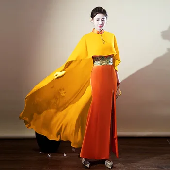 Oranžna Elegantno Cheongsam Seksi Split Qipao Dolge Obleke, Večerne Kitajski Obleko Za Ženske Letnik Orientalskih Kostumov Guzheng Obleke - Slike 1  