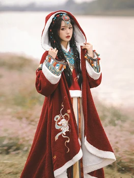 Han Kitajskih Oblačil Žensk Han Elementi Zimski Flis Podloga Debele Cape Plašč - Slike 1  