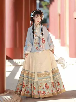 2023 Pozimi Toplo Hanfu Obleka Ženske Tradicionalno Kitajsko Vezenje Hanfu Modro Rumeno Določa 2024 Ženski Božič, Novo Leto Kostum - Slike 1  