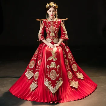 Kitajski Slog Burgundija Cheongsam Lady Rese Qipao Velikosti Plus Velikost Formalno Stranko Obleko Elegantne Poročne Poročno Obleko - Slike 1  
