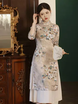 FZSLCYIYI Elegantno Kitajski Cvet Natisnjeni Saten Sedem Točk Rokav Split Qipao Ženske Retro Aodai Cheongsam Obleke - Slike 1  