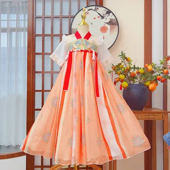 Kitajski Slog Dekleta, Otroci Tradicionalnih Vintage Obleko Ples Kostum Cosplay Oranžna Vezenje Hanfu - Slike 1  