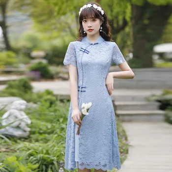 3 Barve Poletje Ženske Plus Velikost Cheongsam Dress Vintage Tradicionalnih Kratek Rokav A-Linija Obleke Slim Fashion Lace Qipao - Slike 1  