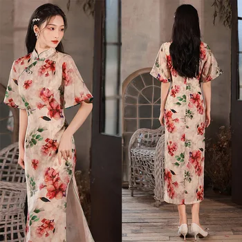 Dolgo Letnik Chongsam Ženske Saten Qipao Elegantno Flare Rokav Kitajski Obleko Cvet Tiskanja Vestidos Moda Izboljšano Banket Obleke - Slike 1  