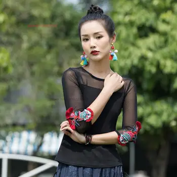 2024 kitajske tradicionalne bluzo izboljšano cheongsam vrh nacionalnih kitajski cvet vezenje očesa srajce orientalski retro bluzo - Slike 1  
