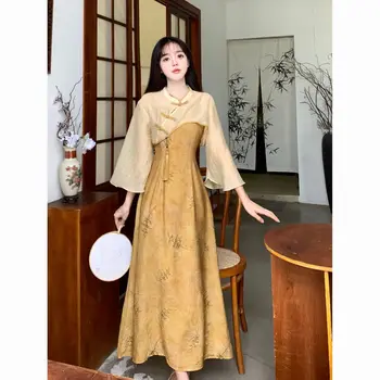 2024 jeseni novi kitajski slog vintage stil pan gumb majica retro pasu temperament cheongsam obleko dva kosa iz dnevne qipao - Slike 1  