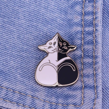 Črna in bela luna mačka emajl pin srčkan živali broška mačka ljubitelje darilo - Slike 1  