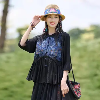 2023 nove ženske kitajski etnični slog vezenega bonitete ovratnik sedem-točka rokavi jakno svoboden retro ženske dnevni kitajski vrh s837 - Slike 1  