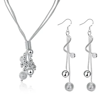posebna ponudba 925 sterling srebro klasičnih kroglic ogrlice, dolge uhane nakit kompleti za ženske modni poroko posla darila - Slike 1  