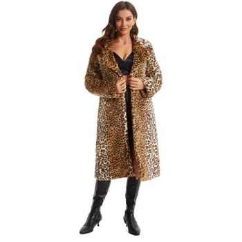 Pliš Faux Kotlovec suknjič Outwear Dolgo, Naravnost Proti-vrat Trend Leopard Krzno Plašč Žensk Zgosti Toplo Zajec Površniki Fur Coats - Slike 1  