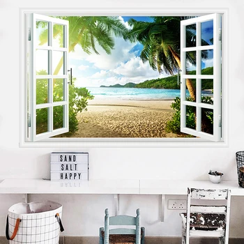 Pokrajina Sunset Beach Prikaz Okna 3D Učinek Platno Slikarstvo Seascape Plakatov in Fotografij Wall Art Slike Doma Dekor Brez Okvirja - Slike 1  