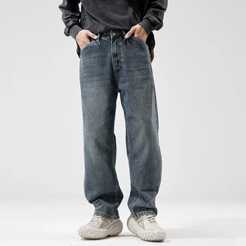 Japonski trend retro mozaik širok noge dolge hlače za moške jeseni in pozimi prevelik demin Casual kavbojke vrečasta jeans za moške - Slike 1  