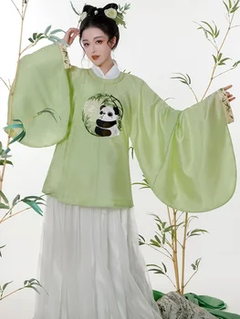 Ming Kitajski Zeleni Hanfu Panda Vezenje Okrogle Ovratnik Mandarin Obleke za Ženske Nadlak Ropa Tradicionalna Kitajska Hombre Krilo - Slike 1  