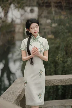 Seksi Mandarin Ovratnik Šifon Qipao Kitajski Letnik Tradicionalne Ženske Retro Ročno Gumbi Cheongsam Večerno Obleko - Slike 1  