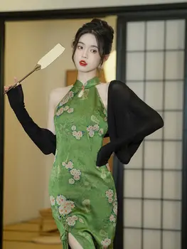 Kitajski Obleko Qipao Tradicionalne Ženske Zelena Split Klasične Cheongsam Chi-pao 2023 Elegantni Viseči Vratu Luksuzno Obleko - Slike 1  