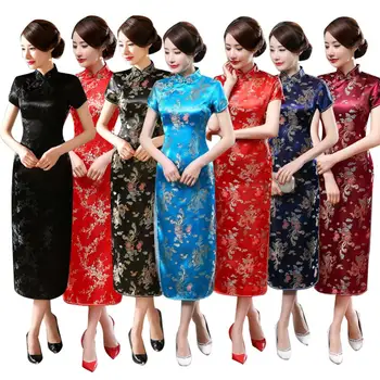 Tradicionalni Plum Blossom Ženske Kitajski Dolgo Cheongsam Družico Večerno Obleko - Slike 1  