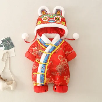 Kitajsko Novo Leto Rojstva Toplo Rdeče Obleke iz Enega kosa Romper Tiger Glavo Klobuk Tang Obleko za Baby Boy Girl Zgostitev igralne obleke Darilni Set - Slike 1  