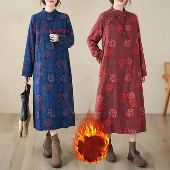2024 kitajski vintage obleko izboljšano qipao nacionalni cvet tiskanja runo, obložene qipao etnične bombaž perilo, obleko orientalski cheongsam - Slike 1  