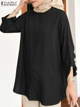 Jeseni Mode Trdna Bluzo ZANZEA Muslimanskih Žensk Vrhovi Priložnostne Dolg Rokav Gumbi Navzdol Rokavi Dubaj Turčija Bluze IsIamic - Slike 1  