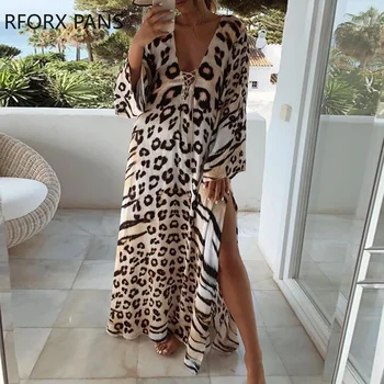 Ženske obleke Cheetah Tiskanja Čipke-up Visoke Režejo Obleko Maxi Maxi obleke za Ženske - Slike 1  