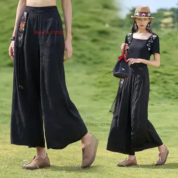 2024 kitajski letnik hlače cvet vezene hlače ženske tradicionalno širok noge hlače nacionalni rese etnične folk dolge hlače - Slike 1  