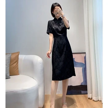 Izboljšano Cheongsam Obleko Kratkimi Poletje Madarin Ovratnik Etnične Kitajska Obleka Black Cicpao Obleko za Ženske - Slike 2  