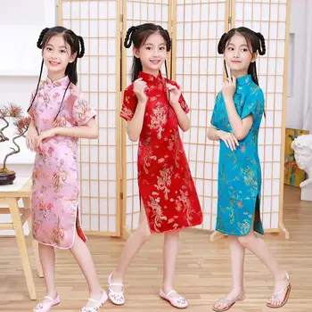 Otroci Dekleta Satenasto Obleko Cheongsams Hanfu Tesen Phoenix Tiskanja Obleko Kitajske Tradicionalne Kostume Princesa Dekleta Obleko Cheongsams - Slike 2  