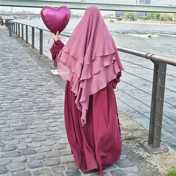 Dolgo Khimar Ramdan Eid Muslimanskih Dolgo Hidžab Headcarf Ženske 3 Plasti Haljo Jubha Islamska Oblačila Hijabs Musulman Molitev Oblačilo - Slike 2  