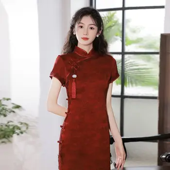 Vino Rdeče Qipao Cheongsam 2023 Kitajska Obleka Ženske Klasičnih Mandarin Ovratnik Poročni Večer Stranka Obleke Mlada Dekleta Dolgo Obleko - Slike 2  