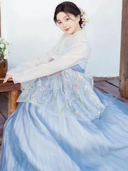 Novo Modro Hanbok Za Ženske Korejski Tradicionalni Noši Manjšinskih Palace Uspešnosti Sodišče Obleke Cvet Poroko Pogodbenica Dance Obleko - Slike 2  