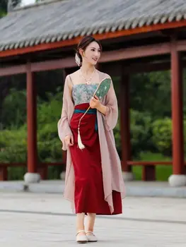 Retro Hanfu Elementi Kitajski Slog Zen Dolgo Obleko Spremenjen Dolgo Krilo Jopico dva-delni Set Lady Elegantno Izboljšano Hanfu Obleko - Slike 2  