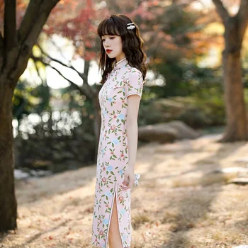 2021 Poletje Kitajske Tradicionalne Elegantne Ženske Priložnostne Rose Tiskanja Cheongsam Madeže Slim Retro Temperament Girly Strel Midi Obleko - Slike 2  