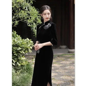 Black Letnik Žamet Vestidos Izboljšanim Kitajski Cheongsam Qipao 2023 Jeseni, Pozimi Elegantno Temperament Tradicionalno Obleko - Slike 2  