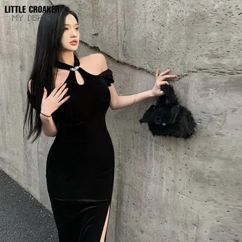 Izboljšano Qipao Obleko za Ženske Črna Cheongsam Obleko Poletje 2023 Novo Hladno Ramo Letnik Tesen Kitajski Stil Oblačenja Žensk Seksi - Slike 2  