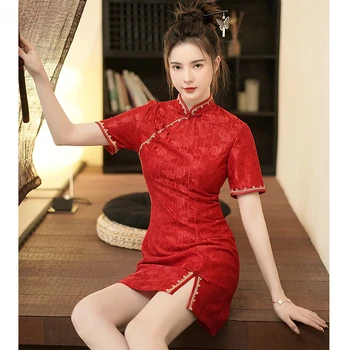 Novo Leto Čipke Izboljšano Mlade Kratek Cheongsam Tradicionalni Kitajski Slog Retro Rdeča Praznično Qipao Obleko Oblačila - Slike 2  